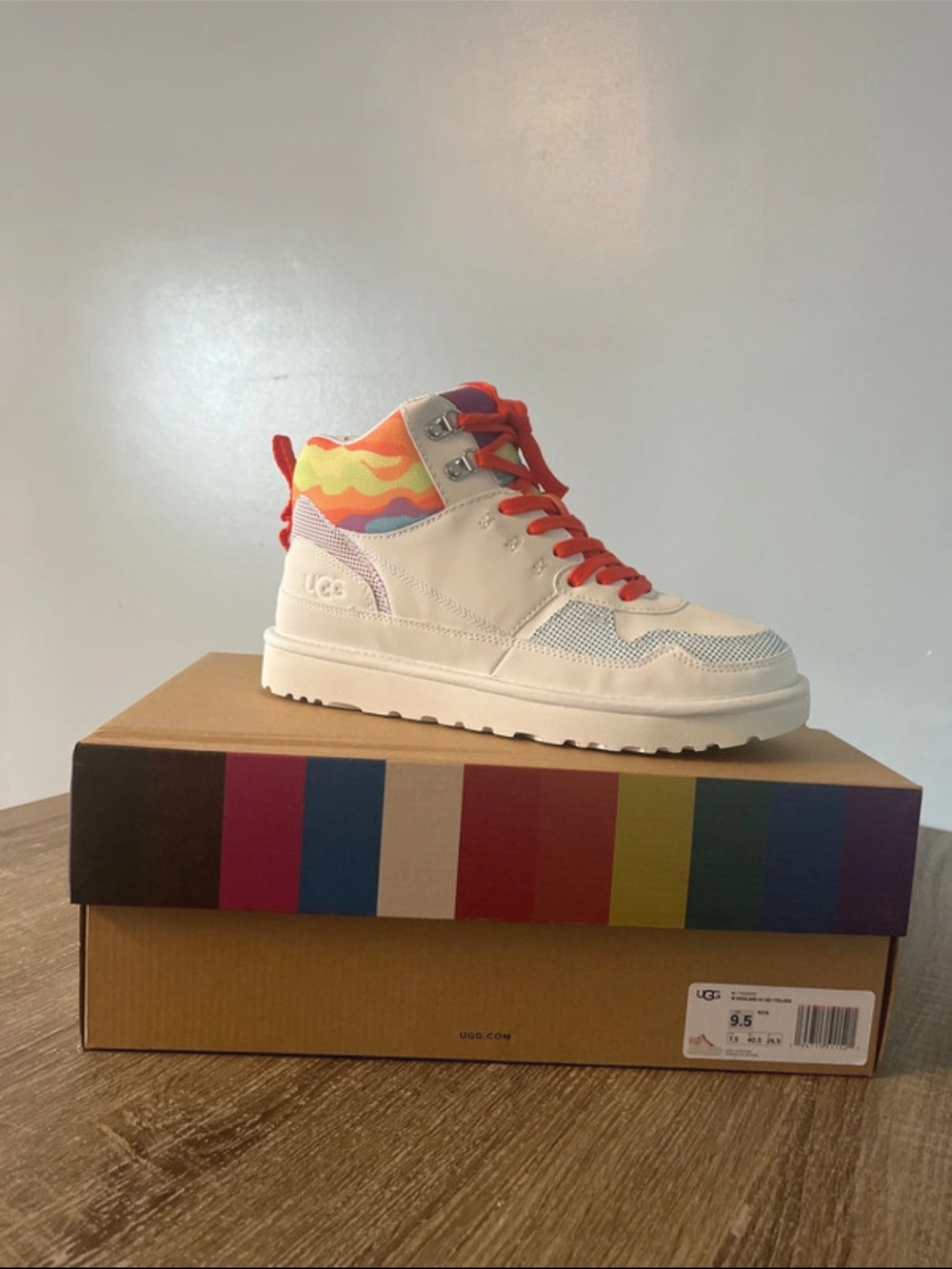UGG Women White High-Top Sneakers with Rainbow Collar and Red Laces